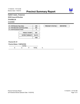 Precinct Summary Report EMS Smith County, Tennessee 2018 General Election TNSMIG18 11/6/2018