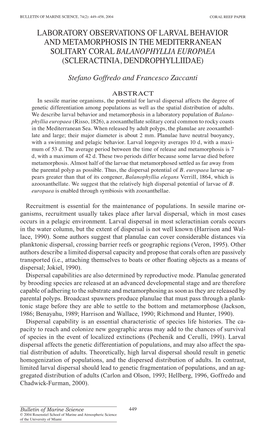 Laboratory Observations of Larval Behavior and Metamorphosis in the Mediterranean Solitary Coral Balanophyllia Europaea (Scleractinia, Dendrophylliidae)