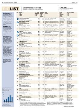 ADVERTISING AGENCIES the Largest Hotels and Meeting the LIST Ranked by Number of L.A