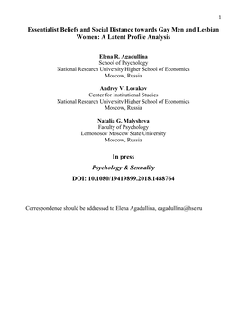 Essentialist Beliefs and Social Distance Towards Gay Men and Lesbian Women: a Latent Profile Analysis