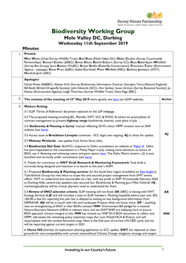 Biodiversity Working Group Mole Valley DC, Dorking Wednesday 11Th September 2019 Minutes 1