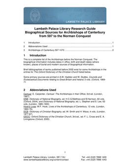 Lambeth Palace Library Research Guide Biographical Sources for Archbishops of Canterbury from 597 to the Norman Conquest