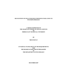 Recognition of Self-Conscious Emotions in Relation to Psychopathology a Thesis Submitted to the Graduate School of Social Scienc