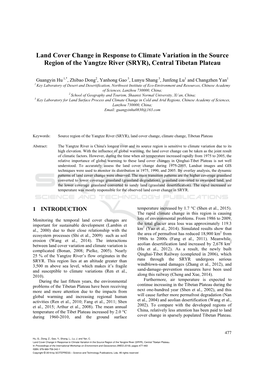 Land Cover Change in Response to Climate Variation in the Source Region of the Yangtze River (SRYR), Central Tibetan Plateau