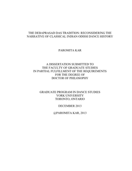 The Debaprasad Das Tradition: Reconsidering the Narrative of Classical Indian Odissi Dance History Paromita Kar a Dissertation S