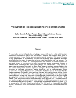 Production of Hydrogen from Post-Consumer Wastes