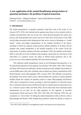 A New Application of the Modal-Hamiltonian Interpretation of Quantum Mechanics: the Problem of Optical Isomerism