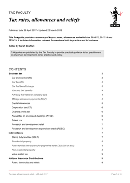 TAX FACULTY Tax Rates, Allowances and Reliefs