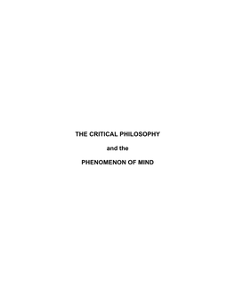 THE CRITICAL PHILOSOPHY and the PHENOMENON of MIND