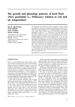(Paris Quadrifolia L., Trilliaceae): Relation to Soil and Air Temperatures