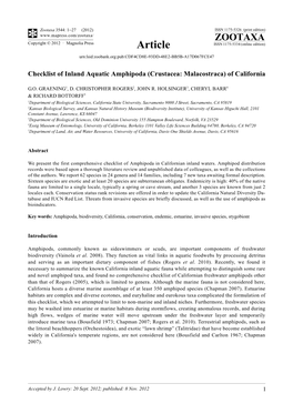 Checklist of Inland Aquatic Amphipoda (Crustacea: Malacostraca) of California