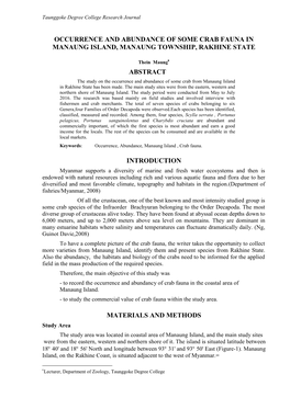 Occurrence and Abundance of Some Crab Fauna in Manaung Island, Manaung Township, Rakhine State Abstract Introduction Materials A