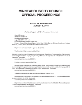 2010 Council Proceedings, August 6, 2010