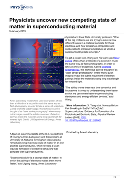 Physicists Uncover New Competing State of Matter in Superconducting Material 3 January 2019