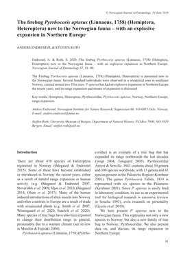 The Firebug Pyrrhocoris Apterus (Linnaeus, 1758) (Hemiptera, Heteroptera) New to the Norwegian Fauna – with an Explosive Expansion in Northern Europe