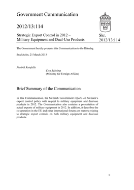 Government Communication 2012/13:114: Strategic Export Control in 2012 – Military Equipment and Dual-Use Products