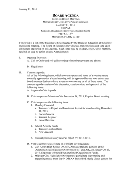 Board Agenda Regular Board Meeting Midwest City - Del City Public Schools January 11, 2016 7:00 P.M