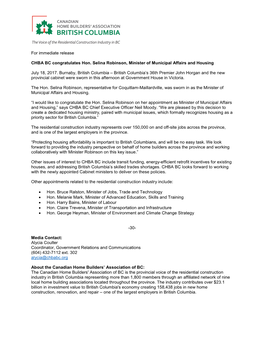 For Immediate Release CHBA BC Congratulates Hon. Selina