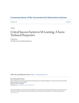 Critical Success Factors in M-Learning: a Socio- Technical Perspective Vlad Krotov Abu Dhabi University, Vlad.Krotov@Adu.Ac.Ae