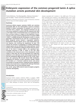 Embryonic Expression of the Common Progeroid Lamin a Splice Mutation Arrests Postnatal Skin Development