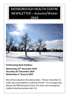 MOSBOROUGH HEALTH CENTRE NEWSLETTER – Autumn/Winter 2019