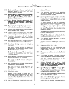 Timeline American Women in the United Methodist Tradition 1760 Philip and Margaret Embury and Paul and Barbara Heck Arrive in Ne