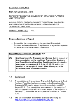 East Herts Council Non-Key Decision – 12/16 Report By