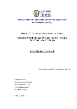 Censimento E Selezione Dei Geositi Della Provincia Di Viterbo