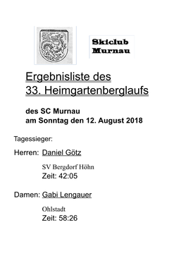 Ergebnisliste Des 33. Heimgartenberglaufs