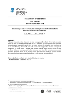 Examining Income Convergence Among Indian States: Time Series Evidence with Structural Breaks