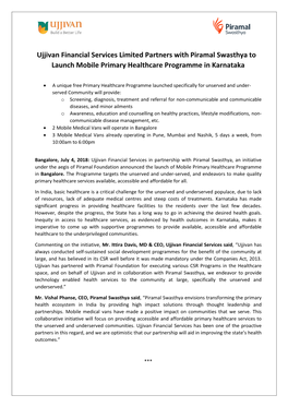 Ujjivan Financial Services Limited Partners with Piramal Swasthya to Launch Mobile Primary Healthcare Programme in Karnataka