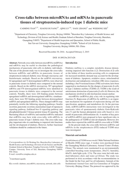 Cross‑Talks Between Micrornas and Mrnas in Pancreatic Tissues of Streptozotocin‑Induced Type 1 Diabetic Mice