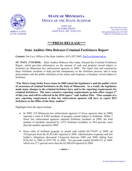 Press Release: State Auditor Otto Releases Criminal Forfeitures Report