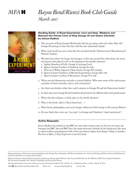 Reading Guide: a Royal Experiment: Love and Duty, Madness and Betrayal –The Private Lives of King George III and Queen Charlotte by Janice Hadlow 1