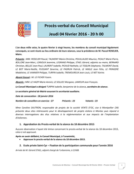 Procès-Verbal Du Conseil Municipal Jeudi 04 Février 2016 - 20 H 00