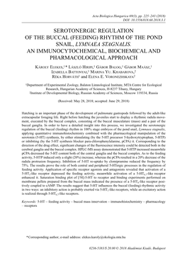 (Feeding) Rhythm of the Pond Snail, Lymnaea Stagnalis. an Immunocytochemical, Biochemical and Pharmacological Approach