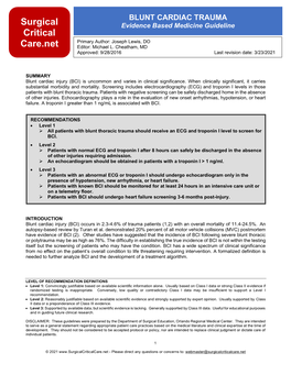 Blunt Cardiac Injury (BCI) Is Uncommon and Varies in Clinical Significance