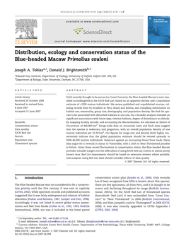 Distribution, Ecology and Conservation Status of the Blue-Headed Macaw Primolius Couloni