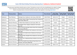 Easter 2021 Bank Holiday Pharmacy Opening Hours: Eastbourne, Hailsham & Seaford