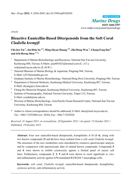 Bioactive Eunicellin-Based Diterpenoids from the Soft Coral Cladiella Krempfi