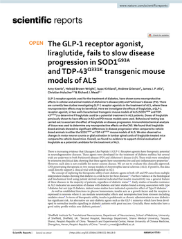 The GLP-1 Receptor Agonist, Liraglutide, Fails to Slow Disease Progression in SOD1G93A and TDP-43Q331K Transgenic Mouse Models O