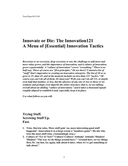 Innovate Or Die: the Innovation121 a Menu of [Essential] Innovation Tactics