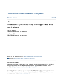 Data Base Management and Quality Control Approaches: Users and Developers