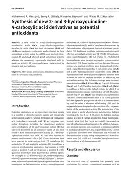 Synthesis of New 2- and 3-Hydroxyquinoline- 4-Carboxylic Acid Derivatives As Potential Antioxidants