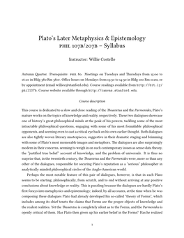 Plato's Later Metaphysics & Epistemology Phil 107B/207B