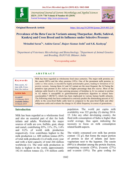 Prevalence of the Beta Case in Variants Among Tharparkar, Rathi, Sahiwal, Kankrej and Cross Breed and Its Influence Under Selective Pressure