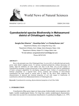 Cyanobacterial Species Biodiversity in Mahasamund District of Chhattisgarh Region, India