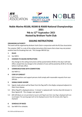 Noble Marine RS100, RS300 & RS600 National Championships 2021 9Th to 12Th September 2021 Hosted by Brixham Yacht Club SAILIN