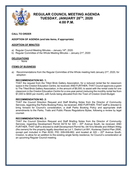 Regular Council Meeting Agenda Tuesday, January 28Th, 2020 4:00 P.M