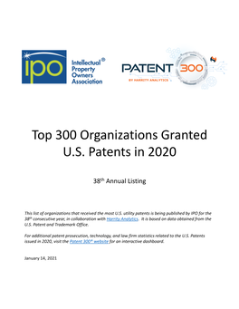 Top 300 Organizations Granted U.S. Patents in 2020